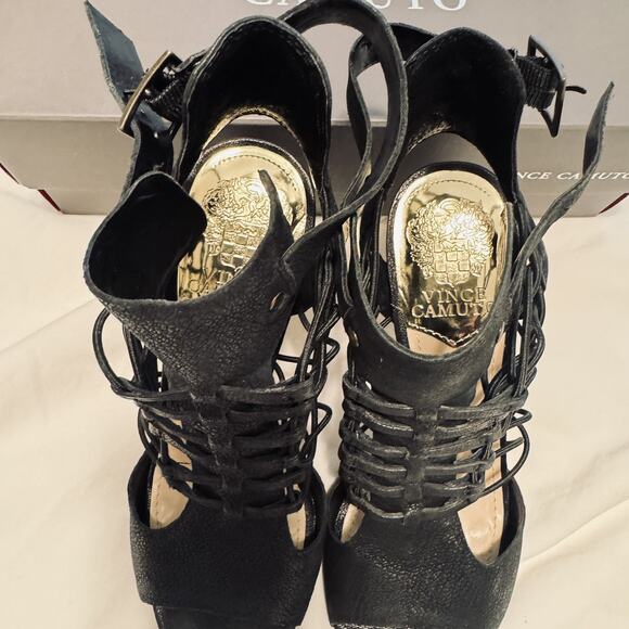 VINCE CAMUTO Formal Shoes Black Leather Caged Heels strappy sz 6.5 Fossel - Picture 3 of 8